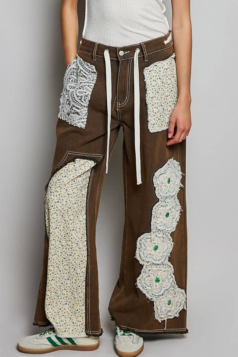 Pol Clothing - Vente Jean – femme - Pantalon en denim à cordon de serrage avec empiècement floral11