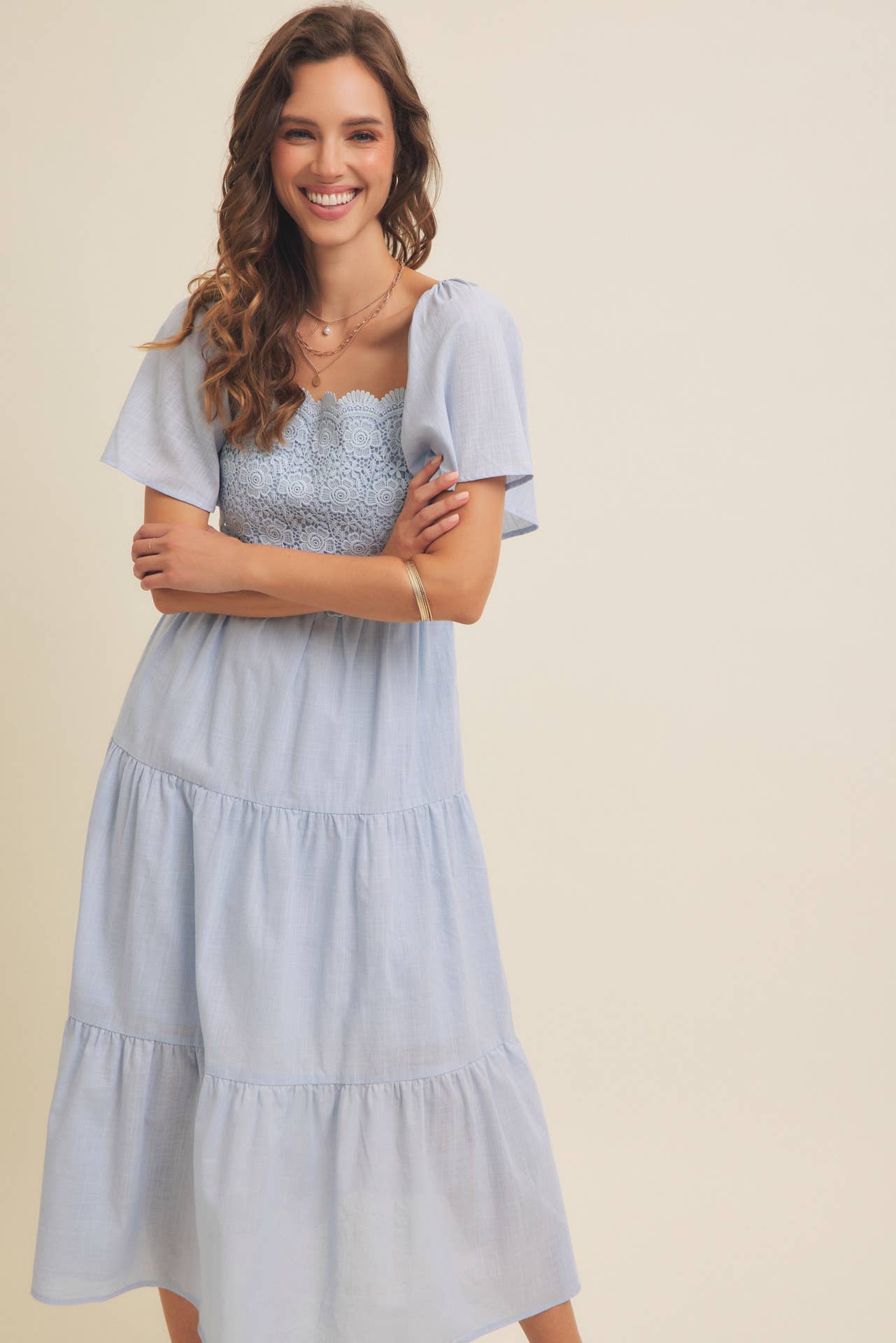 in february - Wholesale Dress - Women's - ESSENCE OF FALL TIERED CROCHET MIDI DRESS WITH FLUTTER SLVS2