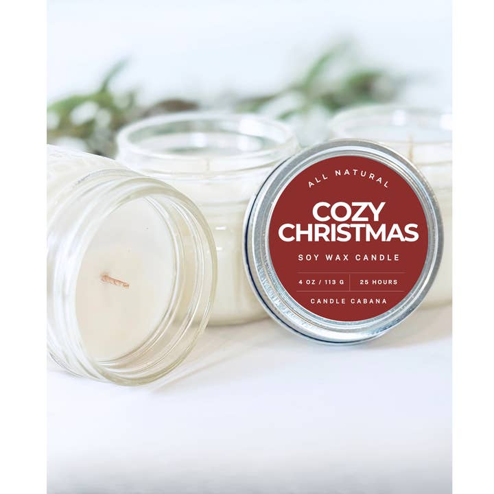Vela em Frasco Mason de Natal Aconchegante 4 oz - 100% Soja Natural por atacado de Candle Cabana