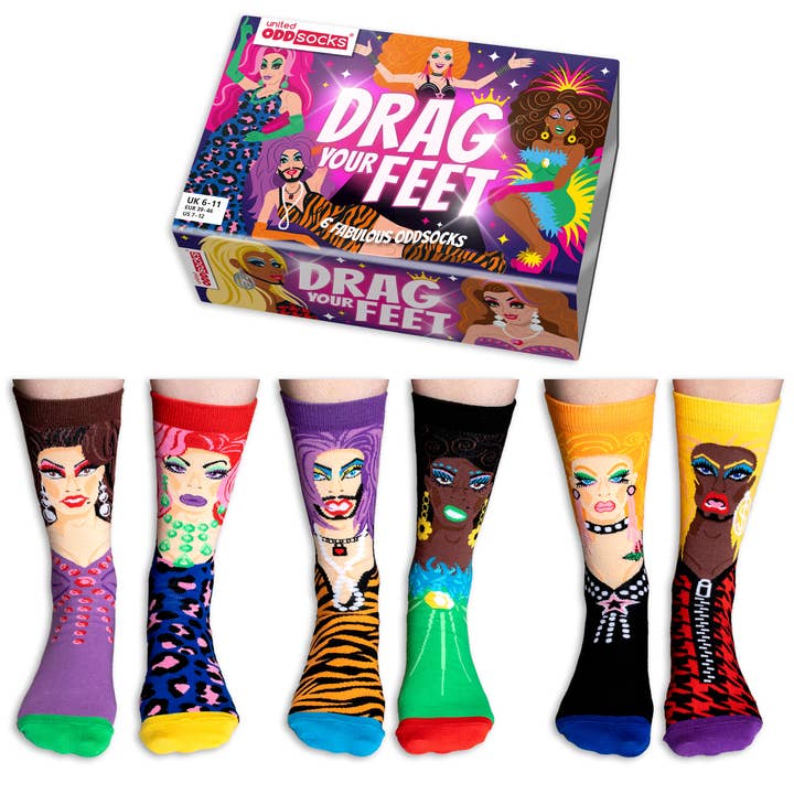 DRAG YOUR FEET| 6 Odd Socks Gift Box - United Oddsocks and other Purchase Wholesale party socks. Free Returns & Net 60 Terms on Faire trending on Faire.