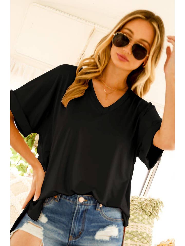 Vine & Love - Wholesale Knit Top - Women's - V-Neck Short Roll-Up Sleeve Casual Knit Top VT60441A