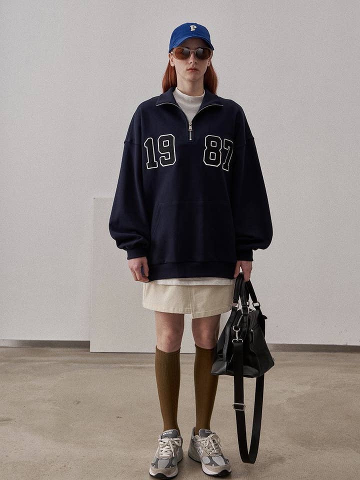 Loose Fit 1987 Quarter Zip Sweatshirt / Navy Blue for wholesale by Prod Bldg