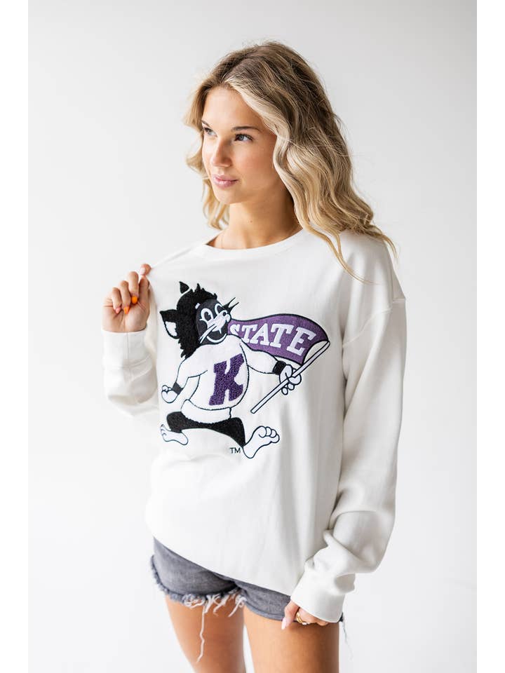 Gameday Social Apparel Co.® - Wholesale Graphic Sweatshirt - Women's - K-State Mascot Chenille Comfort Crew2