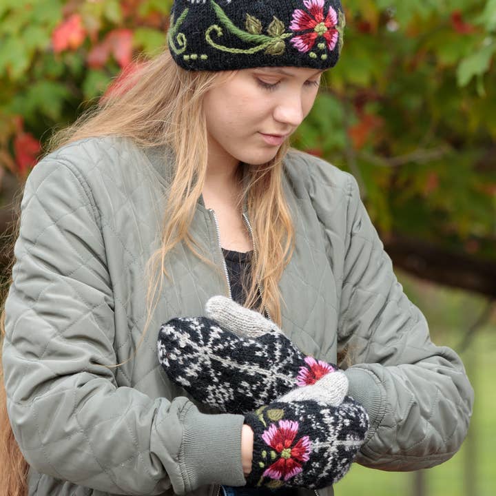 Eleanor Mittens with Hand-Embroidered Floral Design for wholesale by Lost Horizons Knitwear – Ships from USA