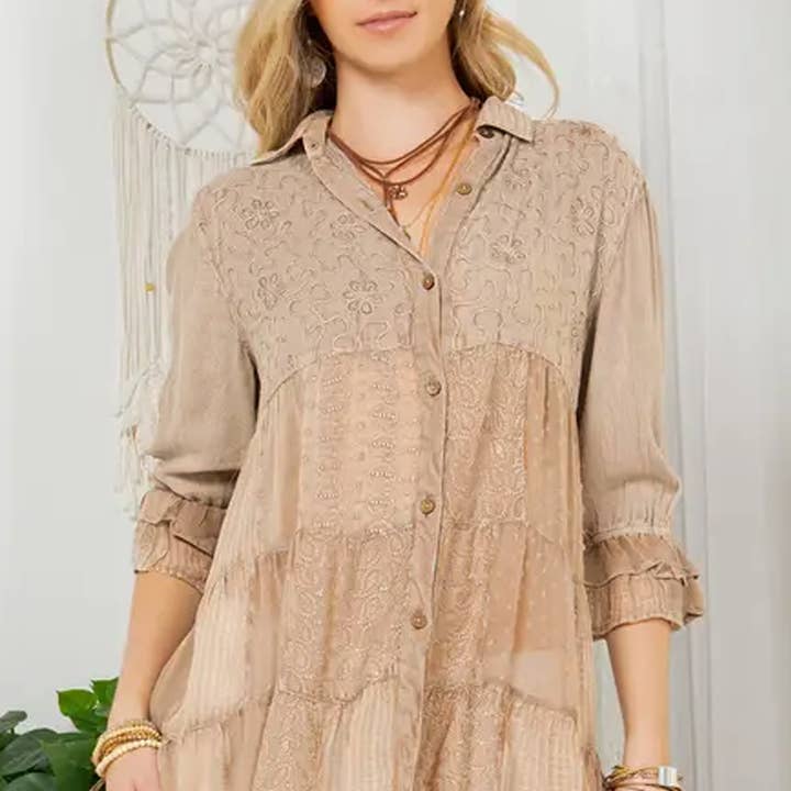 Young Threads - Wholesale Button Down Shirt - Women's - 60s Caravan Boho Button-Down Shirt Patchwork And Embroidery