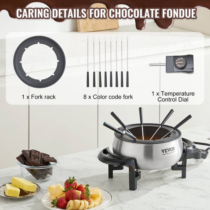 Hard Rock Health Stores - Wholesale Kitchen Appliance - Electric Fondue Pot Set for Cheese & Chocolate, 3 Quart Chocolate Melting Warmer, Stainless Steel Fondue Maker with Temperature Control and 8 Forks, for Hors d'Oeuvres, Entrees, and Desserts4