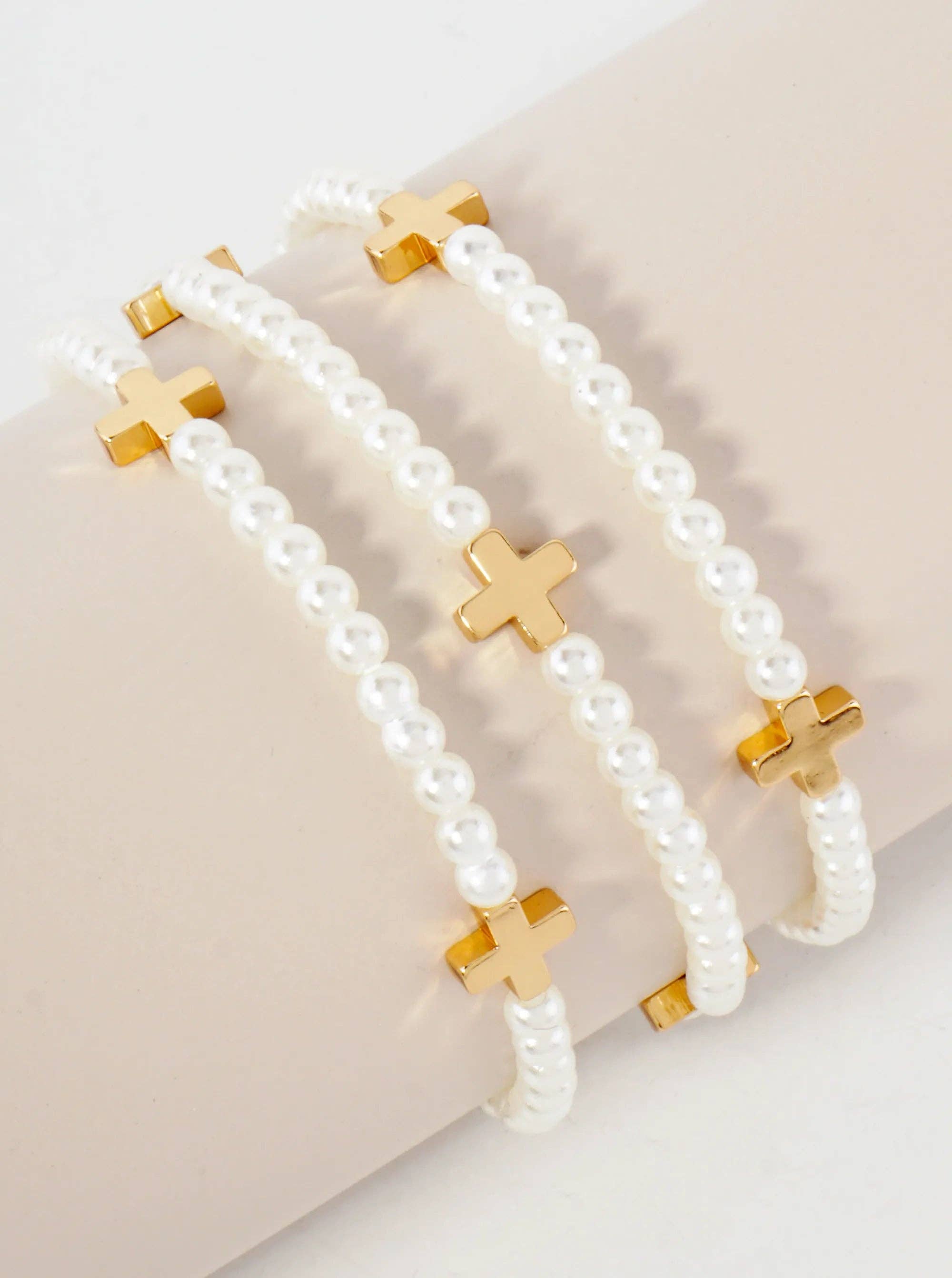Wild Honey - Wholesale Jewelry Set - 3PC-Set Metallic Beads Cross Stackable Stretch Bracelets0