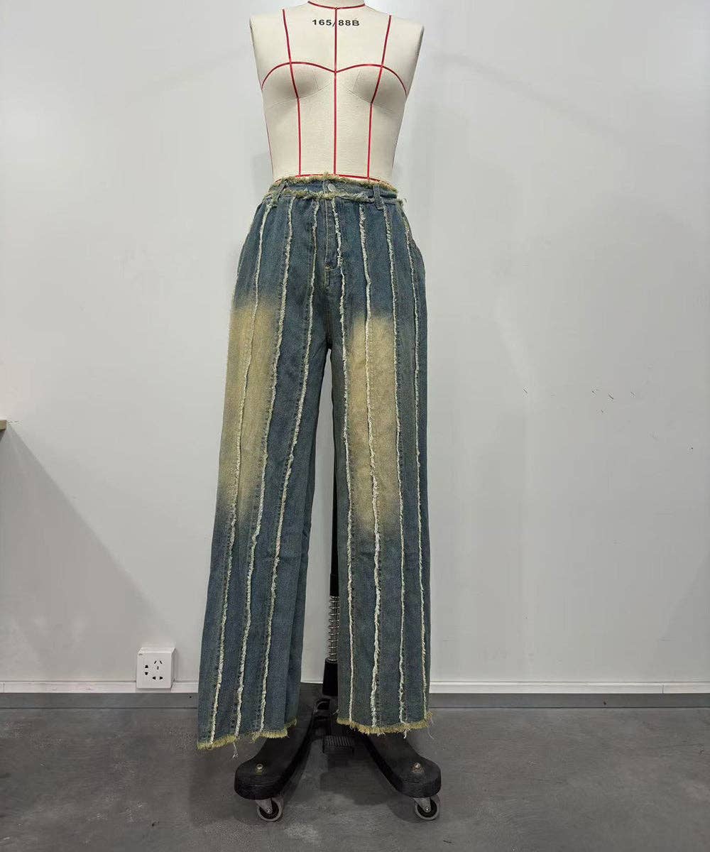 Blue Washed Destroyed Straight Leg Jeans for wholesale on Faire4