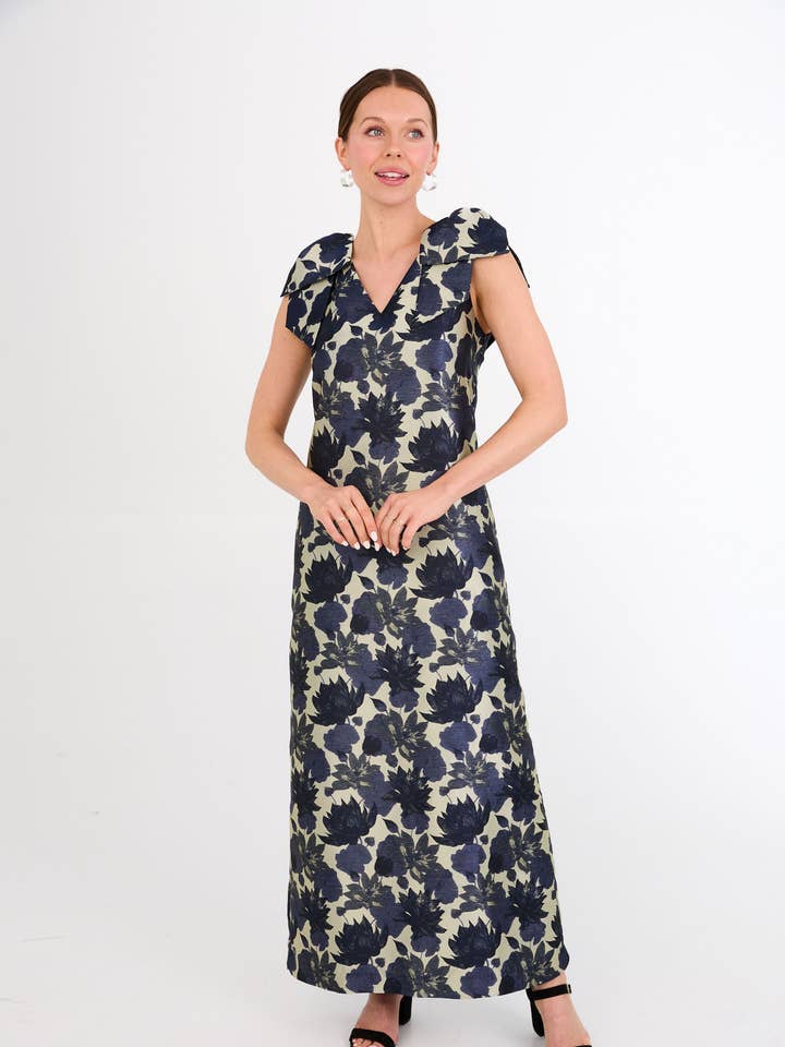 Meredith Gown Ivory and Navy Floral Silhouette Jacquard for wholesale by Abbey Glass