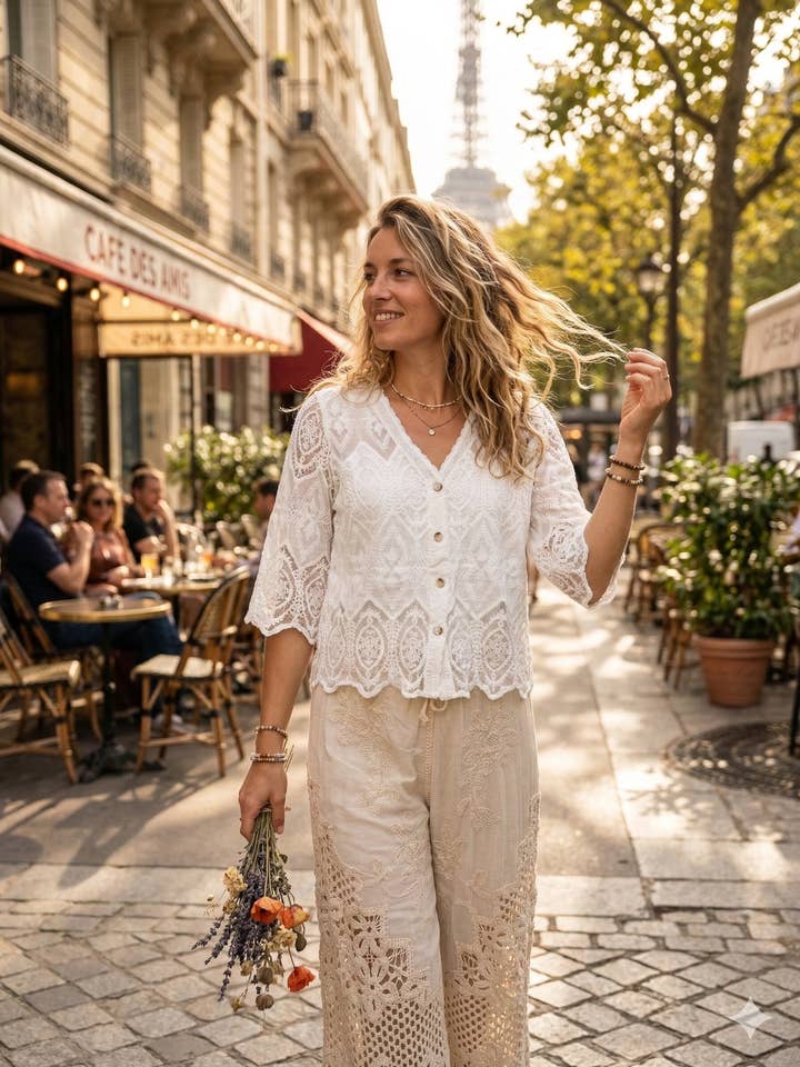CX 733 - Camisa de renda com motivos geométricos e florais por atacado de Lucky Nana