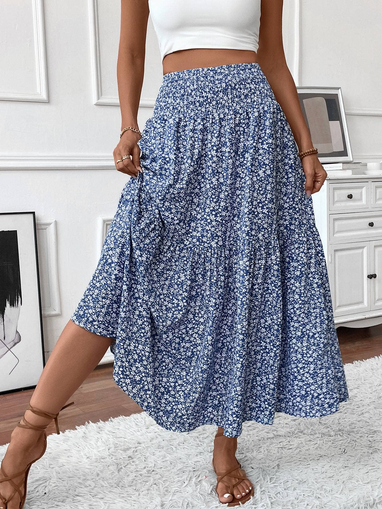 Rosa Clothing - Wholesale Skirt - Women's - Ditsy Floral Smocked Waist A-Line Skirt22