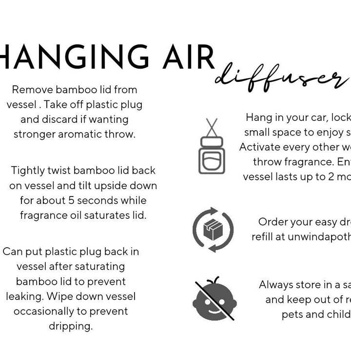 Unwind Apothic - Wholesale Air Freshener - Hanging Air Freshener - Car Deodorizer - Aromatherapy - Desk Freshener- Portable Air Reed Diffuser- Essential Oil Pendant - Perfume Ornament
