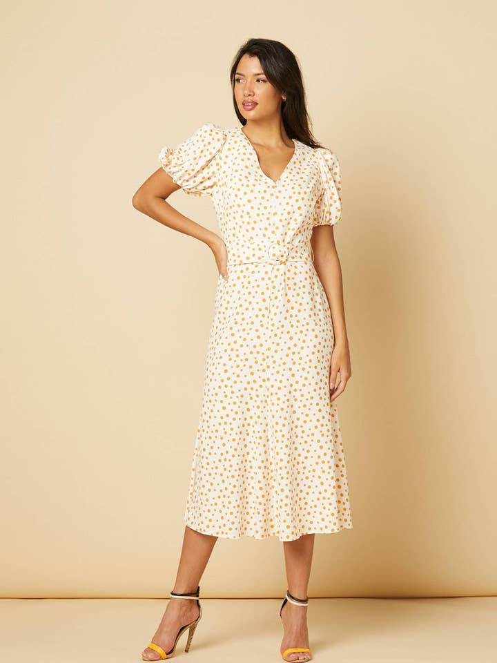 Timeless London - Wholesale Dress - Women's - Catherine White Dress in Orange Polka Dot Midi Tea Dress
