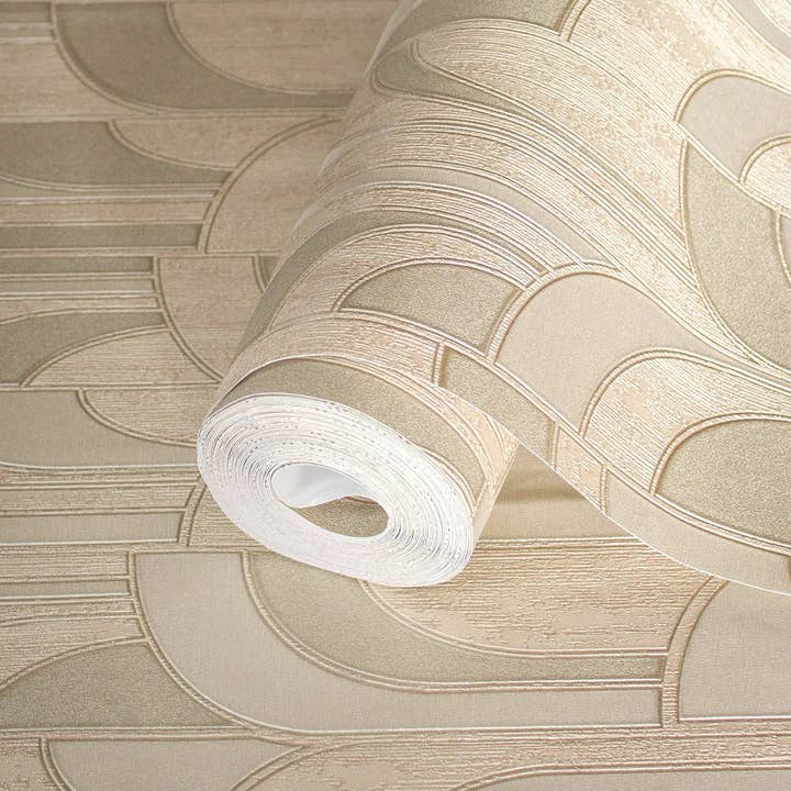 Beige Round Shapes Deep Embossed Wallpaper, Modern Geometric Flocked Wallcovering for wholesale by Walloro Luxury Embossed Wallpaper