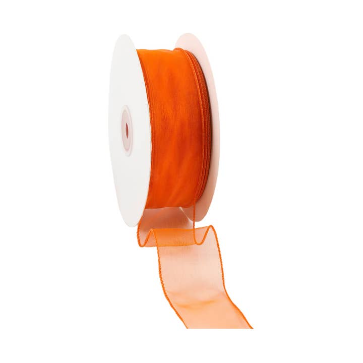 1 1/2" Drahtband aus transparentem Stoff | Orange | 50-Yard-Rolle für den Großhandel von LA Ribbons Wholesale