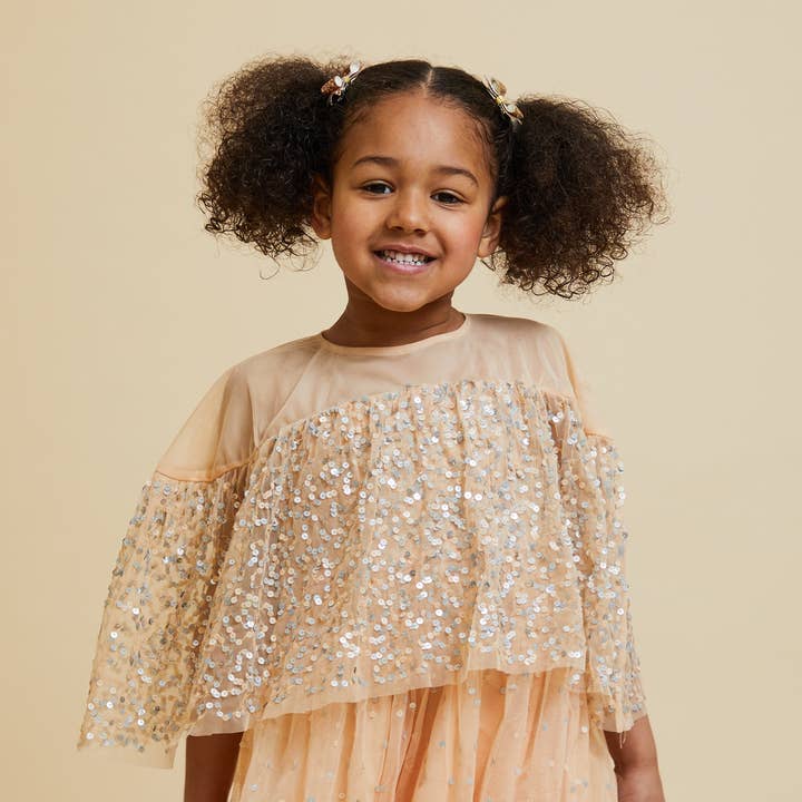 Tessa Almond Sequin Cape Dress for wholesale by Frock & Frill