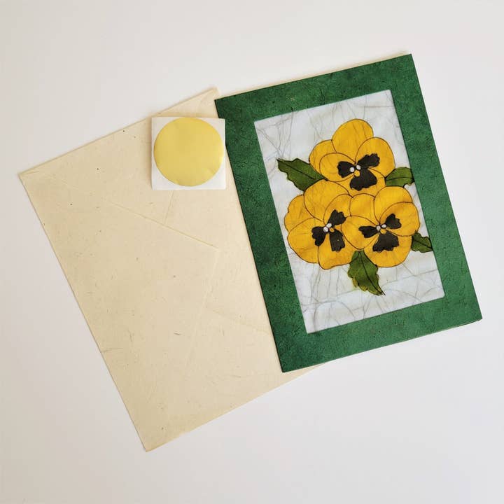 Yellow Pansy Batik Note Card for wholesale by Eclectic Woodchuck