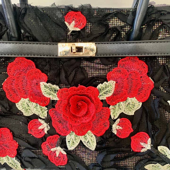 GARELL - Wholesale Satchel - Women's - Black Handbag Purse with Red Floral Embroidery Elegant/1