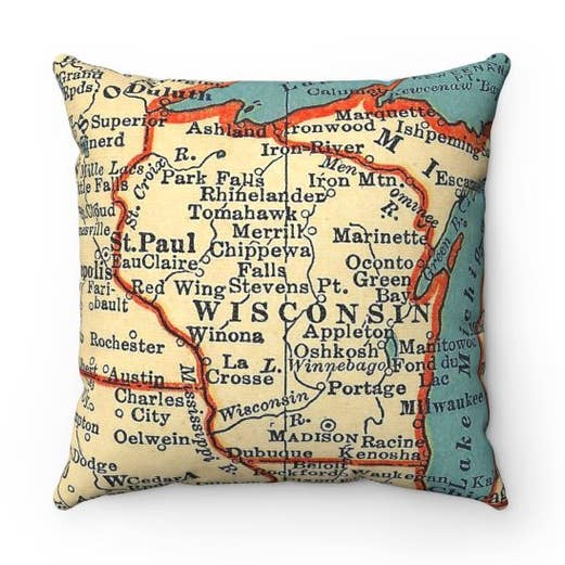 Wisconsin Map Pillow – 18" Square Throw Pillow for wholesale by Daisy Mae Designs