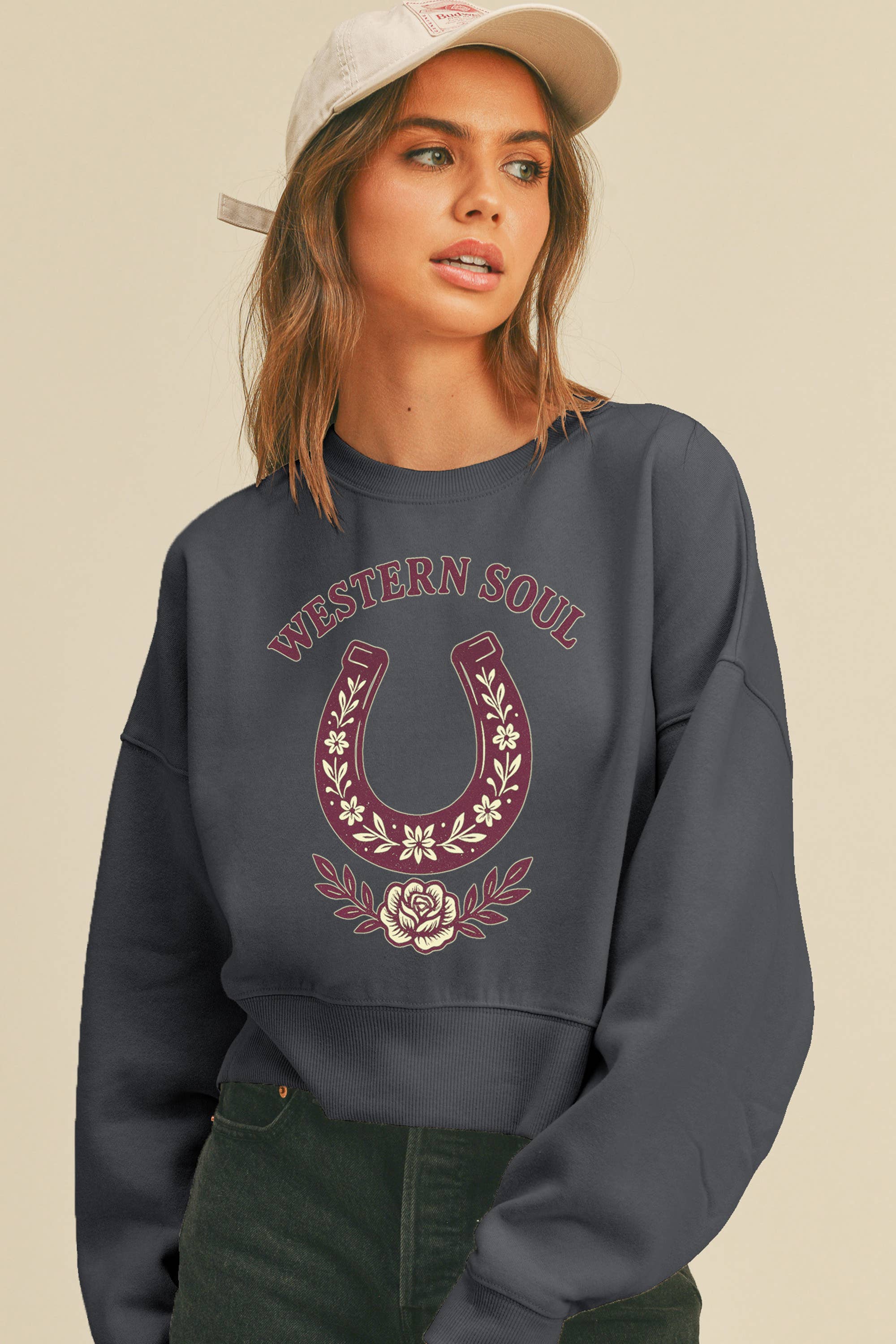 Honestee - Wholesale Graphic Sweatshirt - Women's - Western Soul Horseshoe Short Cropped Long Sleeve Sweatshirt1