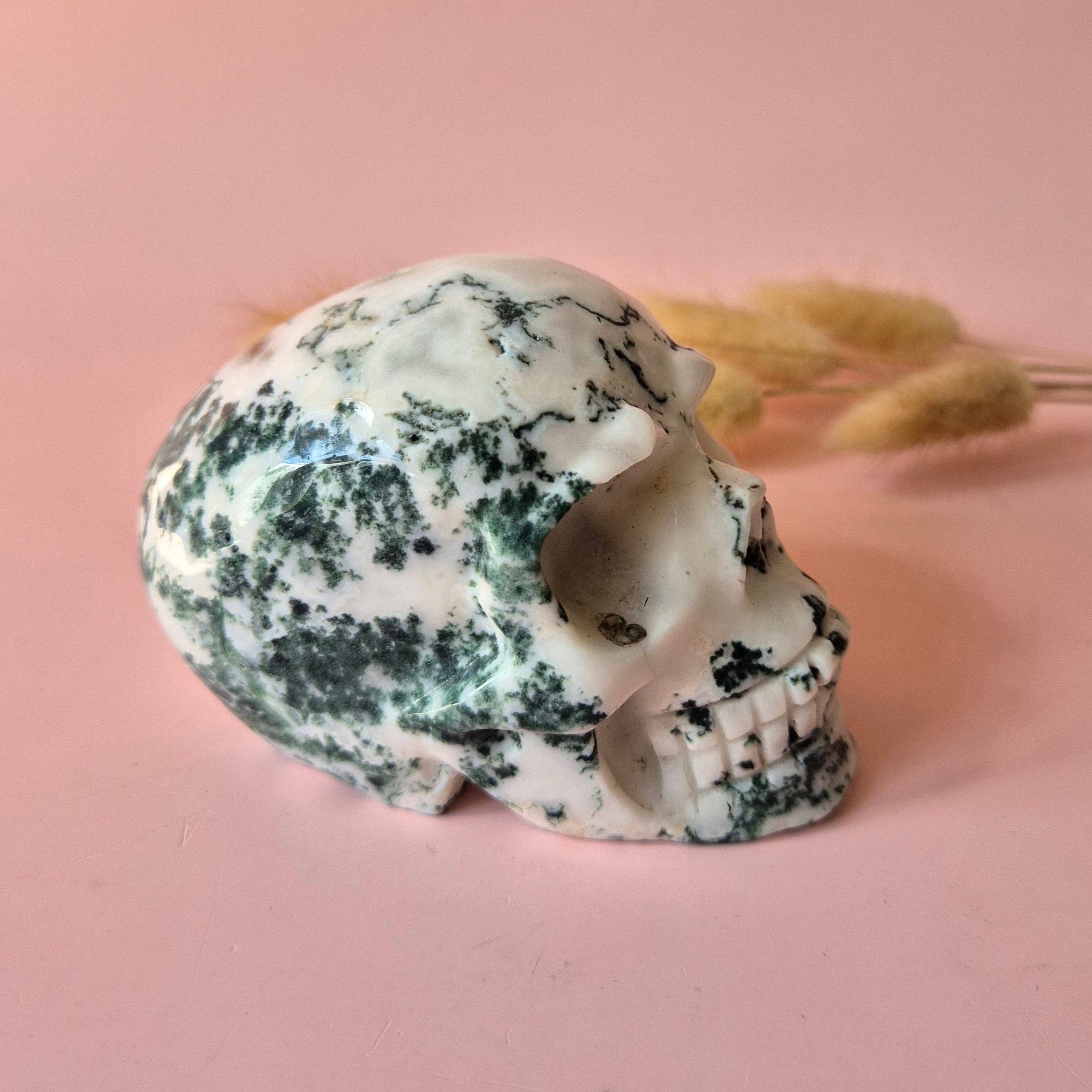 Moonlight Gemstones - Wholesale Spiritual Stone/Crystal - XL Gemstone Skull Moss Agate Skull #7 - 9cm 413gram Skull2