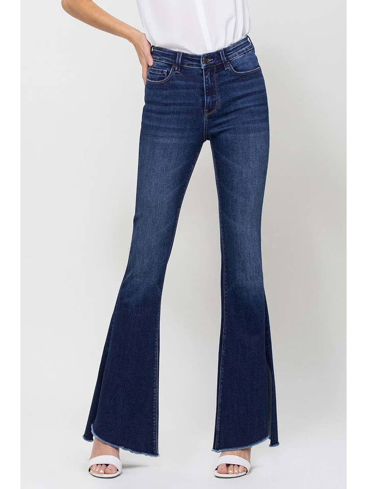 ROLLING IN THE BLUES HIGH RISE SLIT RAW HEM FLARE JEANS F4384 for wholesale on Faire