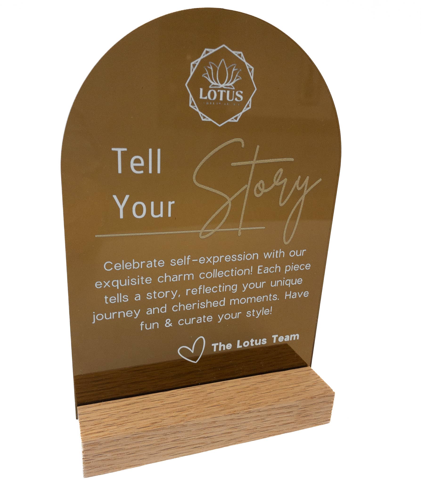 Lotus Jewelry Studio - Wholesale Desk/Tabletop Sign - Charm Bar Story Sign1