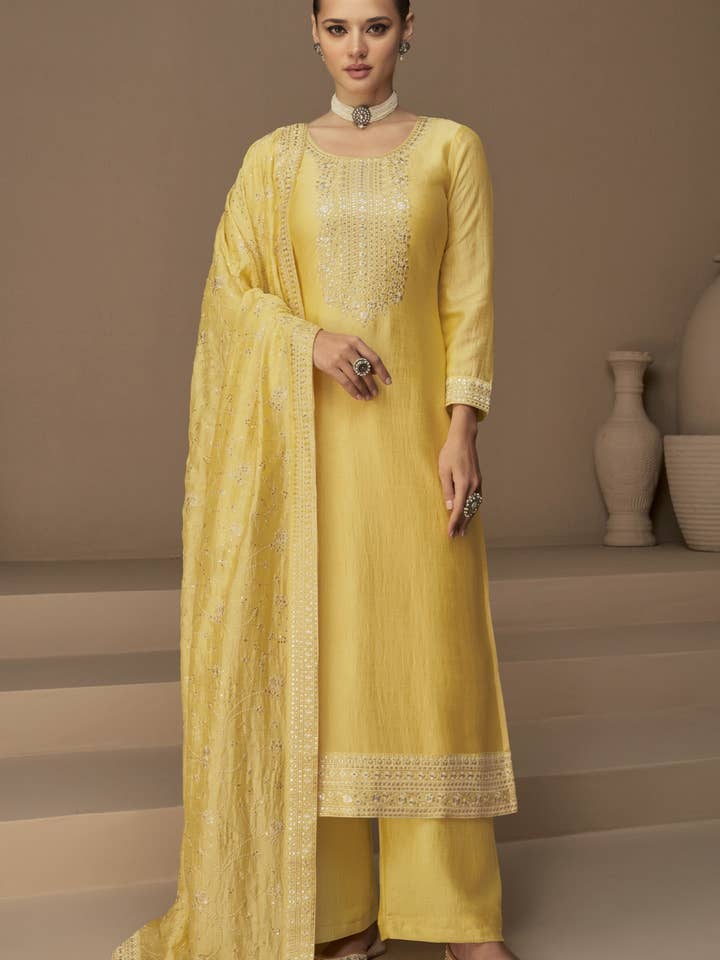 Yellow Chinon Silk Kameez Pant Suit For Indian Festivals & Pakistani Weddings - Thread Embroidery Work, for wholesale by HATKE BRIDE