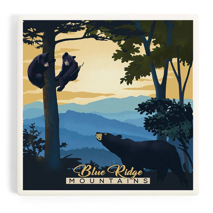 Lantern Press - Wholesale Coasters - CERAMIC COASTER Blue Ridge Mountains Black Bears Litho