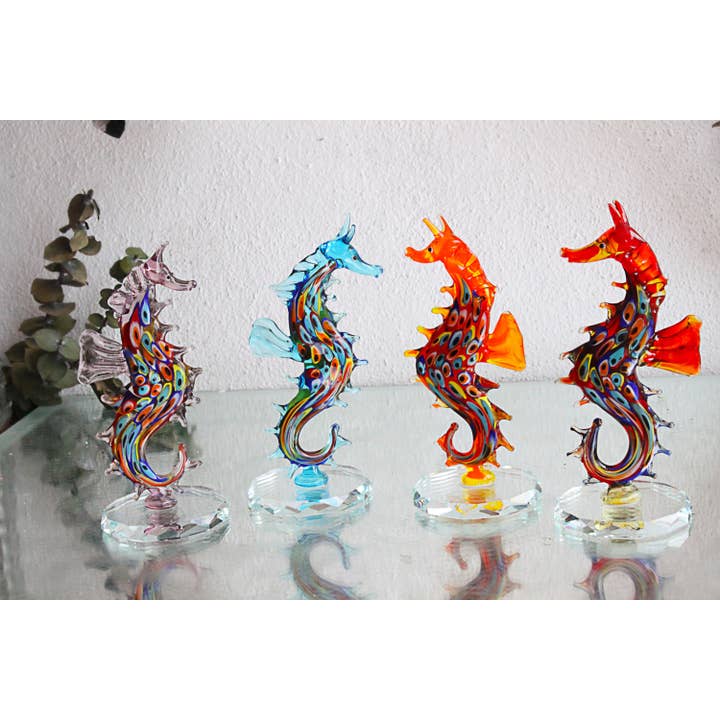 Glass Sea Horse sculpture, Turkish evil eye decor, nazar for wholesale by Adamodart