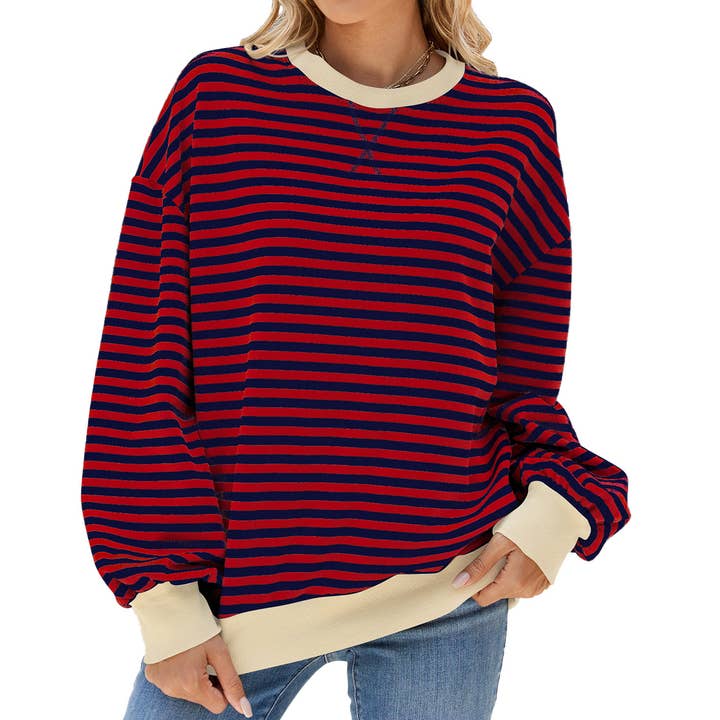 Rosa Clothing - Wholesale Sweatshirt - Women's - Classic Striped Oversized Crewneck Sweatshirt4