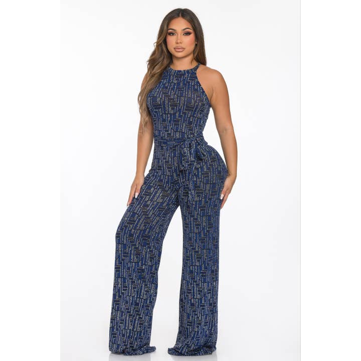 J7357 Elegante jumpsuit met sprankelende textuur en riem voor wholesale door Uptown Apparel