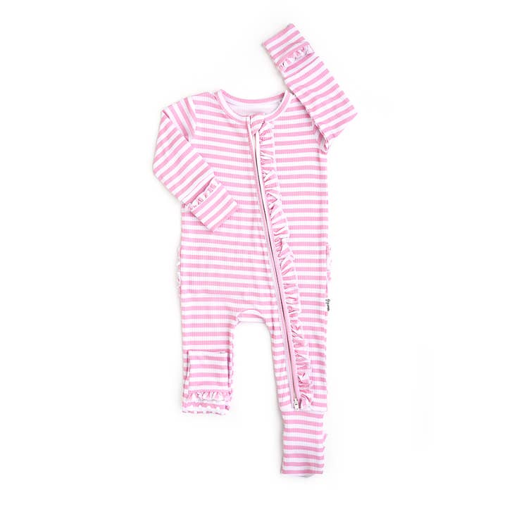 Gigi and Max - Wholesale Jumpsuit - Baby - Lana Pink Ribbed RUFFLE ZIP Bamboo Baby Two Way Zipper 0