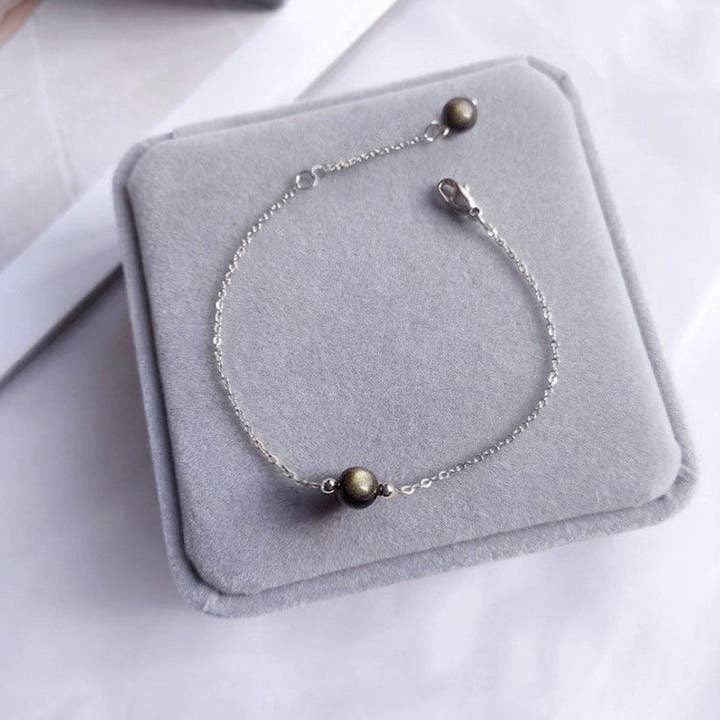 Bracelet à petites perles rondes AAA en obsidienne dorée naturelle S925 de 5-6 mm, 6/7/8 pouces avec rallonge pour la vente par Haengseongworkshop