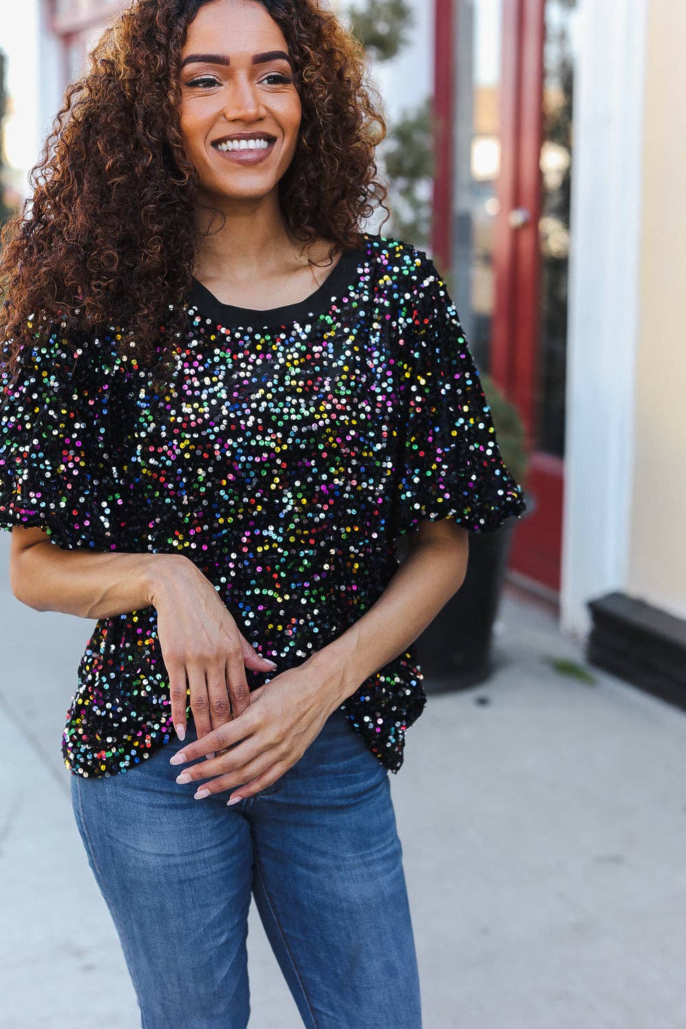 Promenade - Vente Chemisier – femme - Haut de fête en velours noir à sequins multicolores avec manches bouffantes (paquet ouvert)