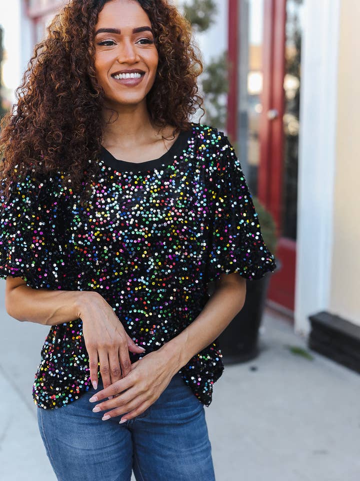 Promenade - Vente Chemisier – femme - Haut de fête en velours noir à sequins multicolores avec manches bouffantes (paquet ouvert)0