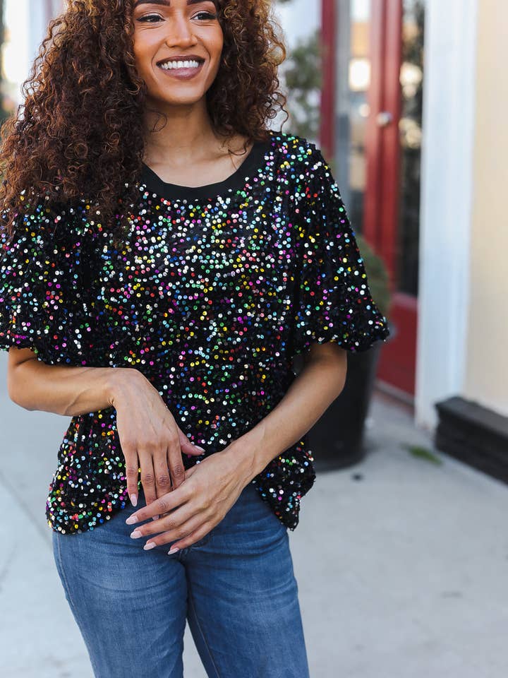Promenade - Wholesale Blouse - Women's - Holiday Ready Black Velvet Multicolor Sequin Puff Sleeve Holiday Top (Open Pack)