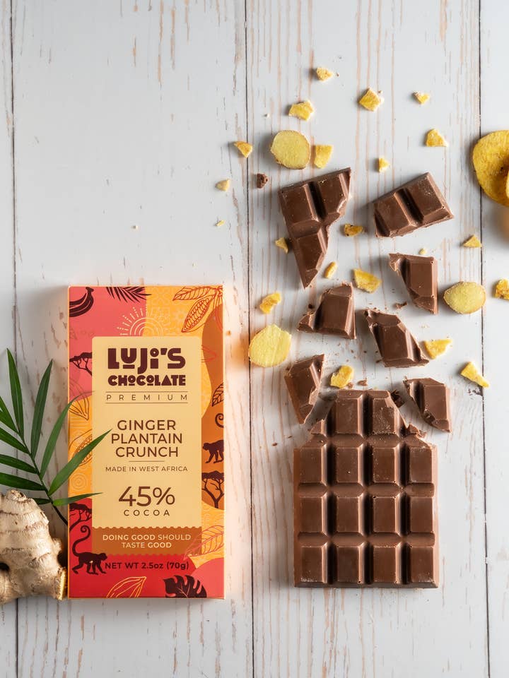 Ginger + Plantain Chocolate for wholesale by Luji's Chocolate