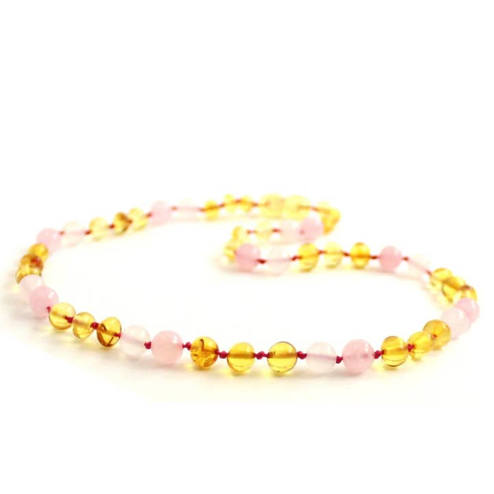 Amber Necklace Lemon Agate and Rose Quartz | Toddler 36cm for wholesale by Zebra Babies