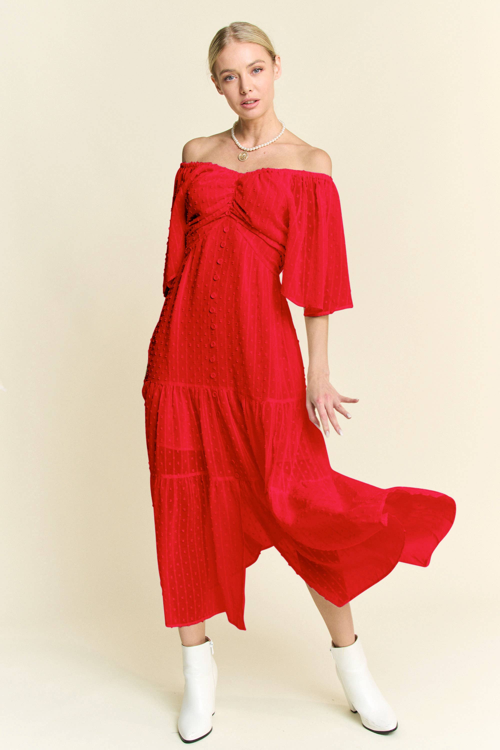 Davi & Dani – wholesale Dress – Women's – SWISS DOTTED RUCHED RUFFLE OPEN BACK MIDI DRESS10