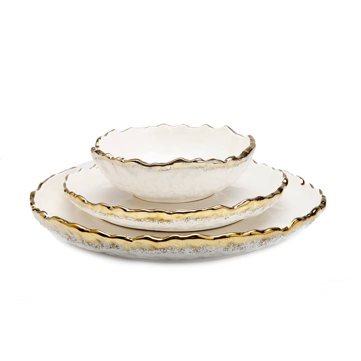 CLASSIC TOUCH DECOR INC. - Wholesale Dinnerware Set - 4 Piece White Dinner Set Speckled Gold Design
