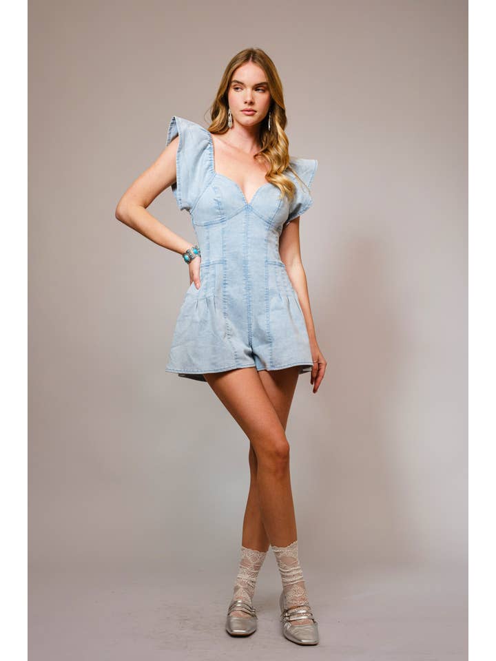 Blue B - Wholesale Romper - Women's - 52112R - Sweetheart Ruffle Sleeve Denim Romper4
