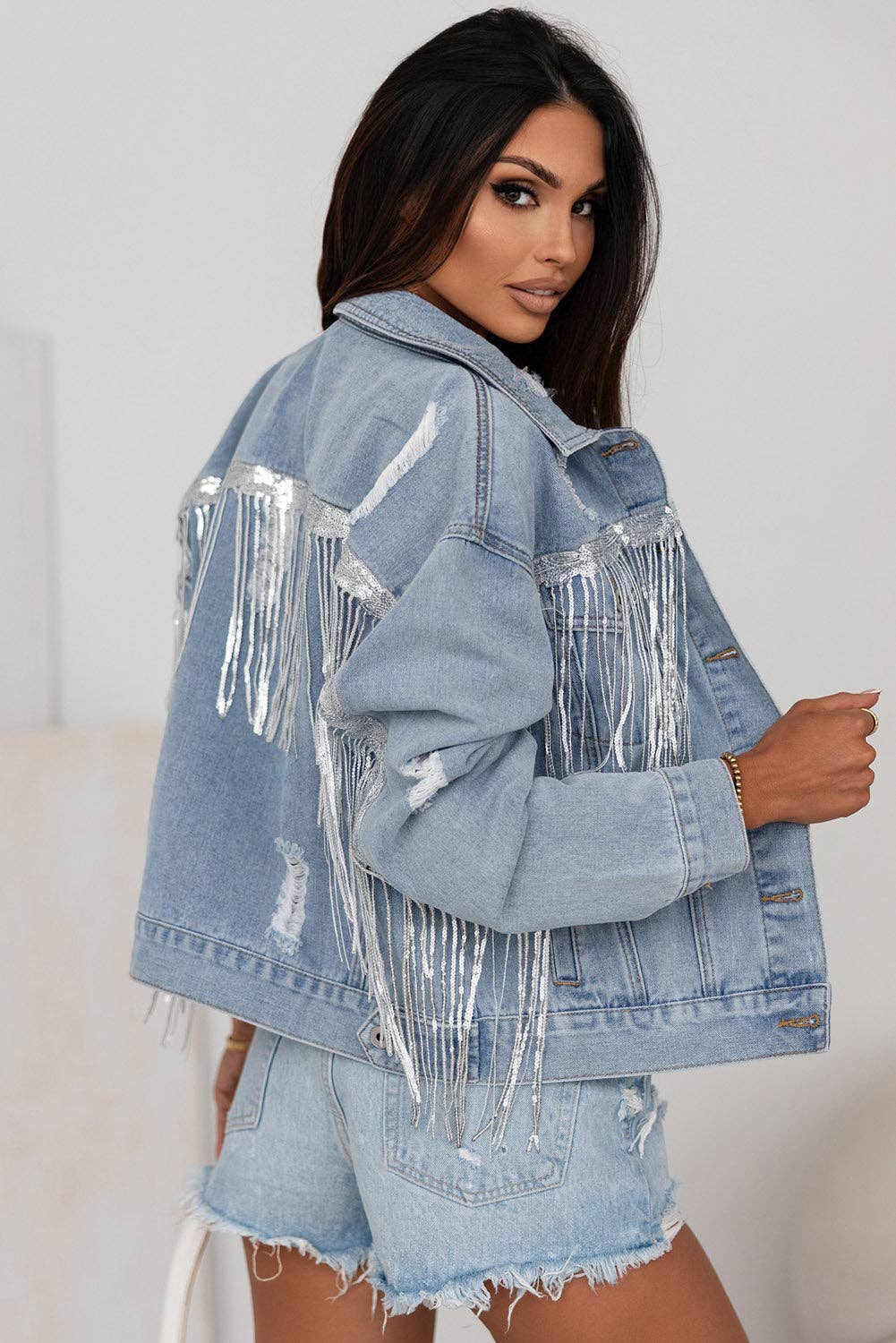 Sky Blue Sequin Embellished Fringe Distressed Denim Jacket for wholesale on Faire7