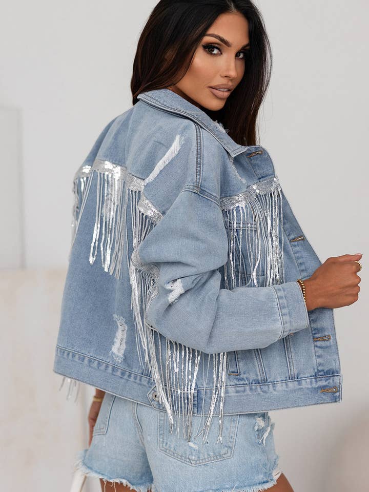 Sky Blue Sequin Embellished Fringe Distressed Denim Jacket for wholesale on Faire7
