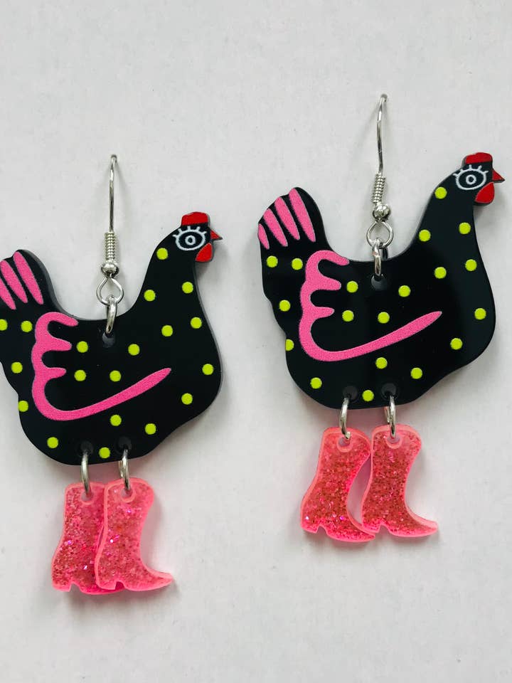 Acrylic Black Chicken Hen With Boots Earrings for wholesale by SimpleNGreat
