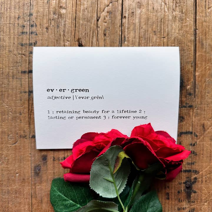 cartão de saudação com definição evergreen em tipo máquina de escrever por atacado de Alison Rose Vintage