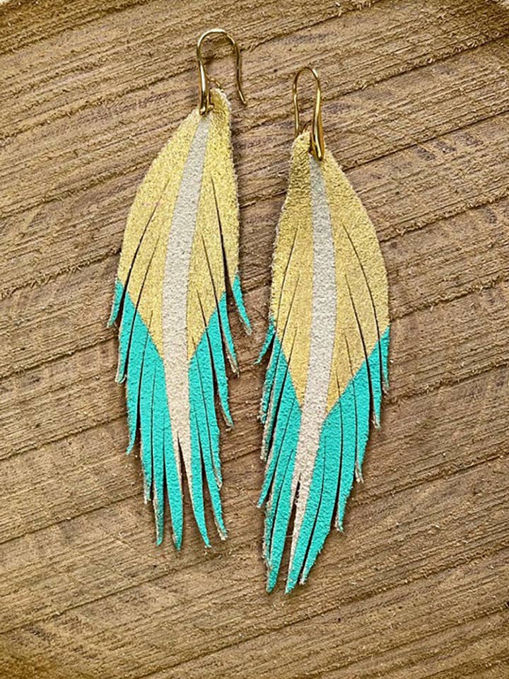 Short Feather Leather Earrings - Gold/South Beach for wholesale by The Supply Society