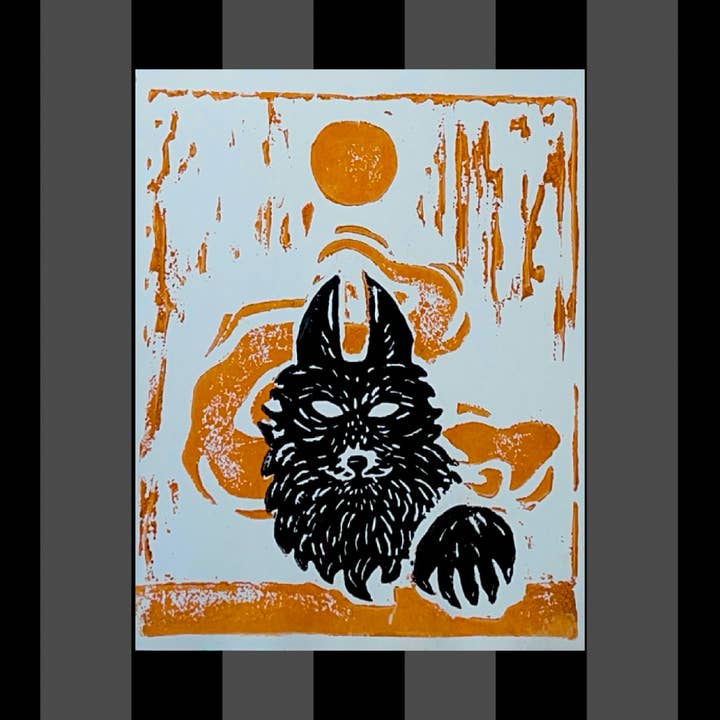 Impression multi-tampons linogravure de loup-garou et lune pour la vente par Fiat Lux Illustration
