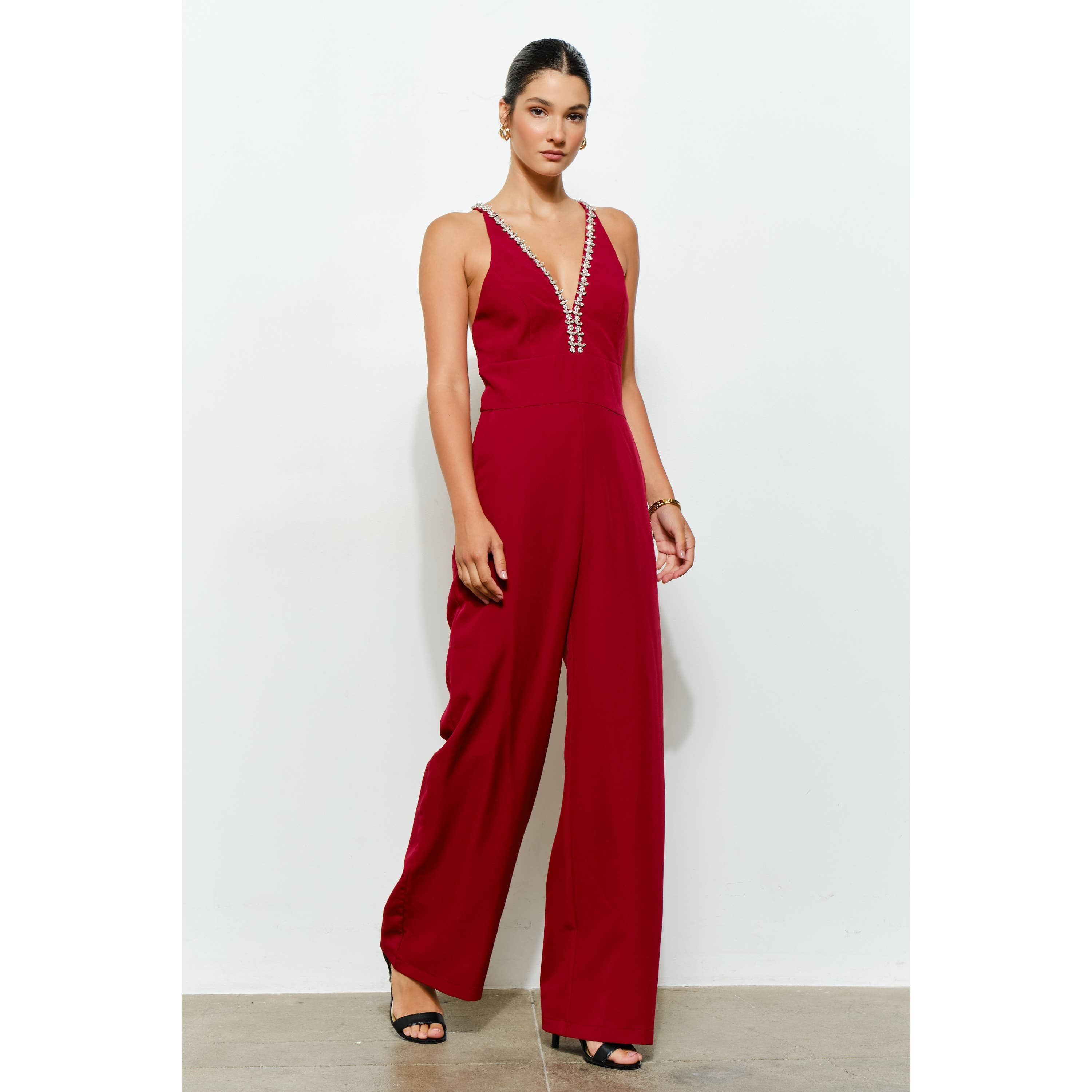 INA - Venta al por mayor Peto - Mujer - Mono con escote profundo en V cruzado en la espalda con adornos de cristal9