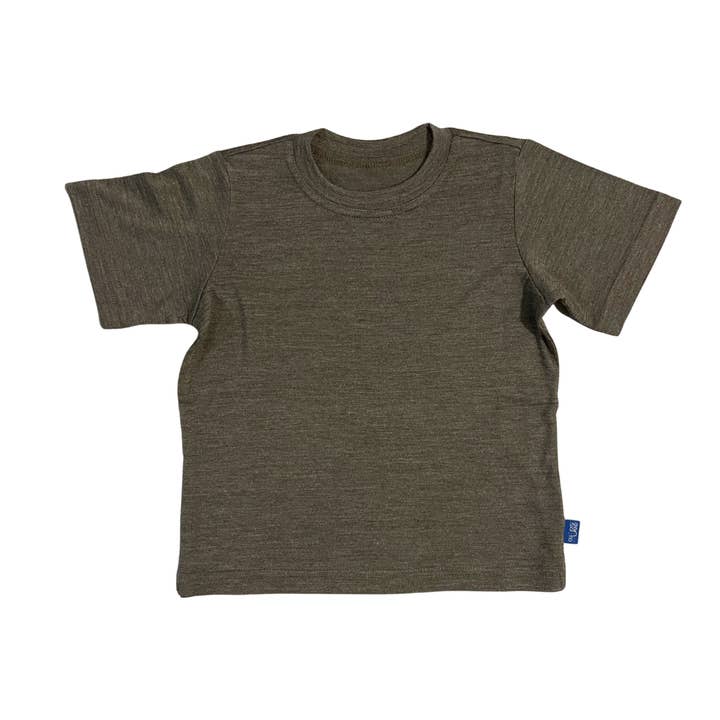 T-shirt bambini muschio marrone, lana merino e seta (bio/GOTS) per la vendita all'ingrosso da parte di Glückskind